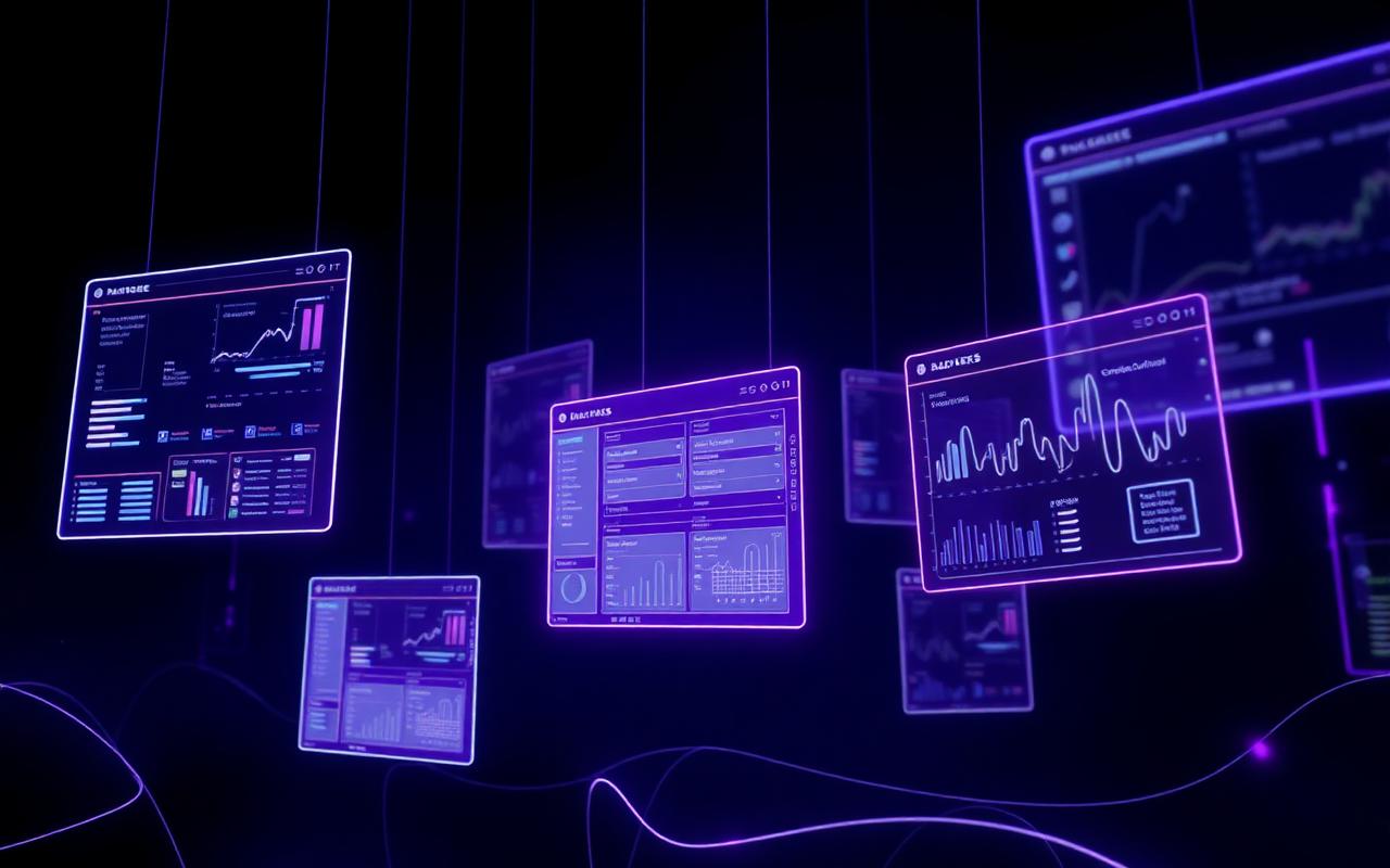 Custom software dashboards and application panels rendered as glowing interface layers