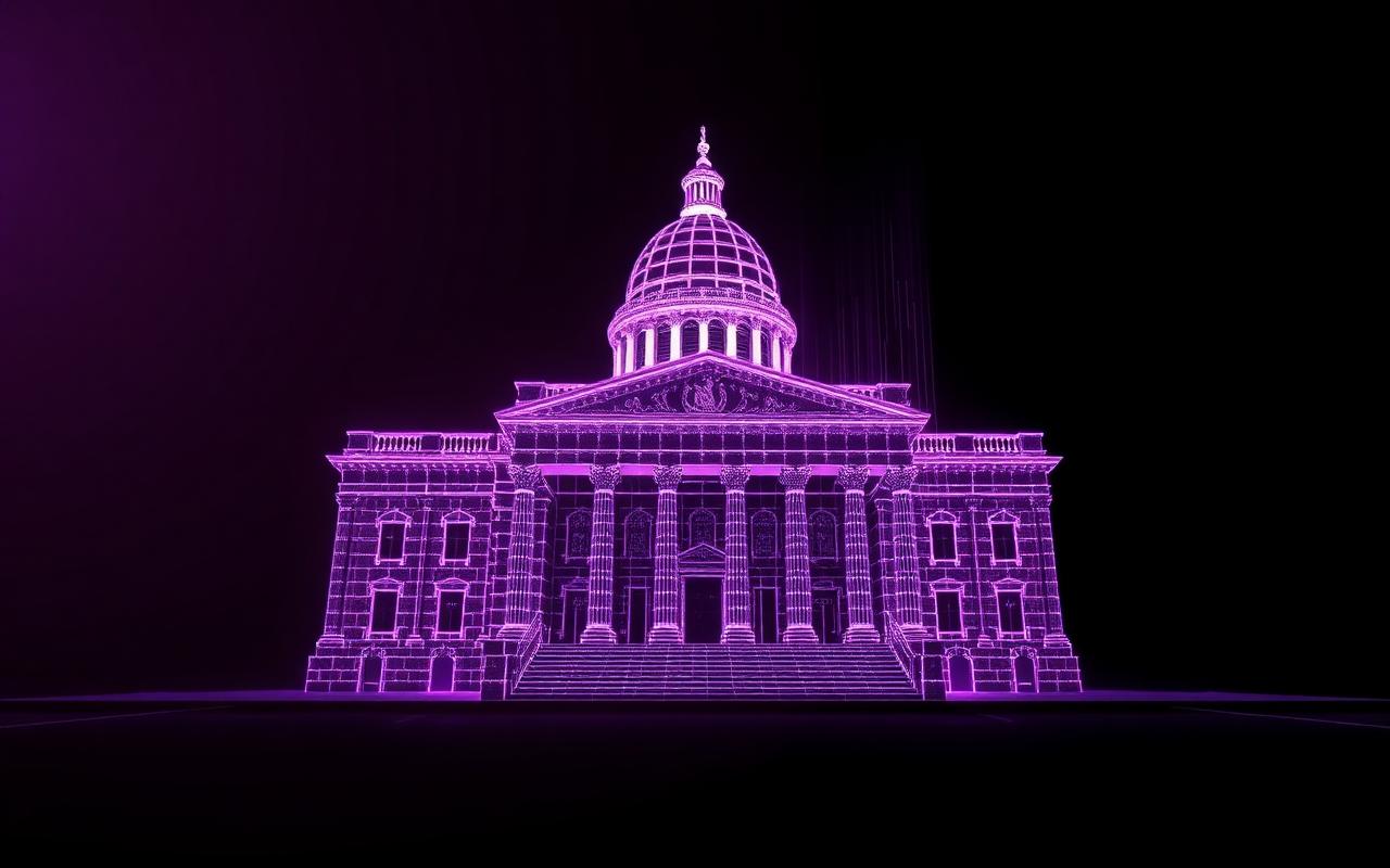 Government institution building rendered as a digital wireframe for public-sector digitalization