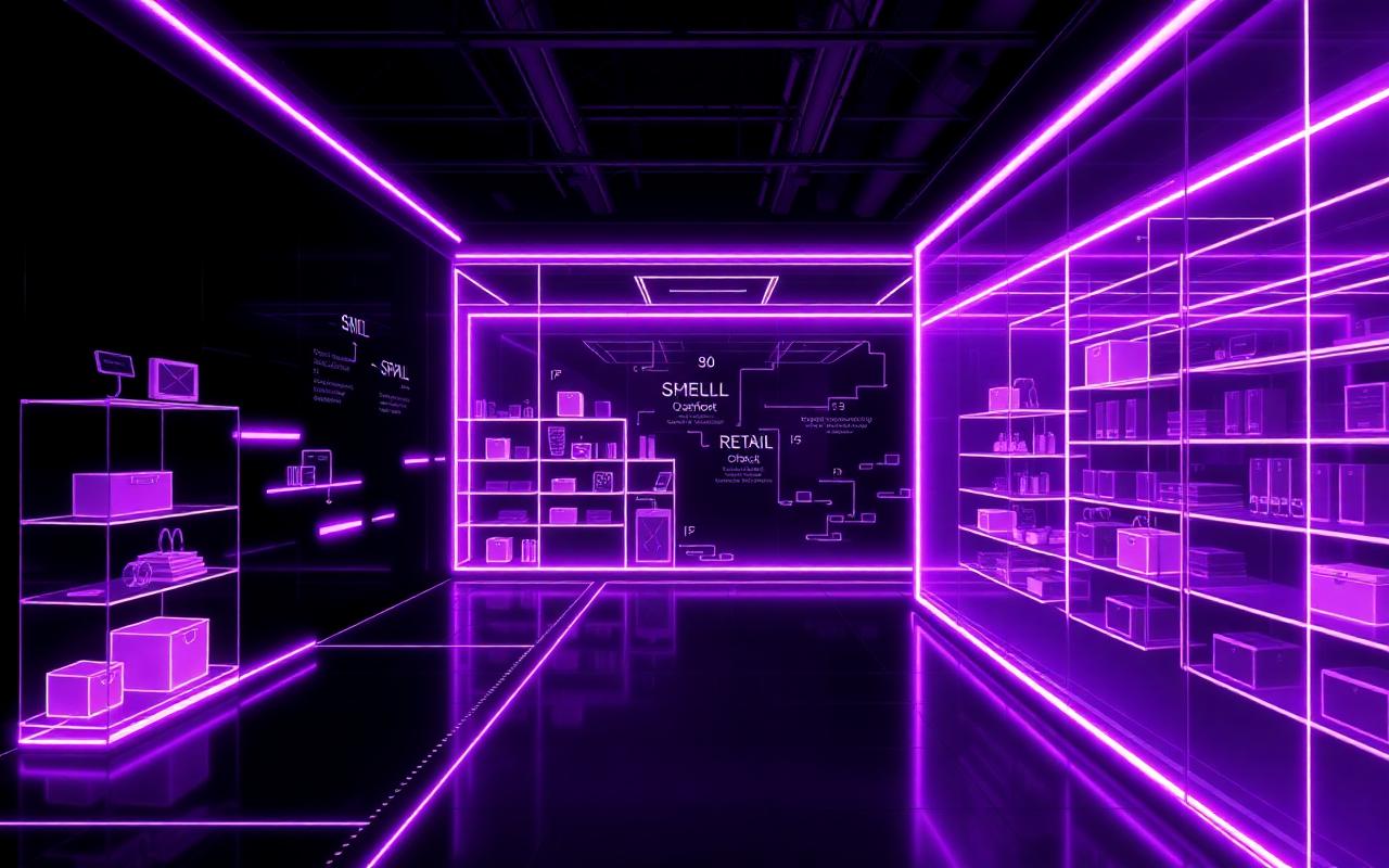 Retail store shelving and commerce flow rendered as an illuminated digital environment