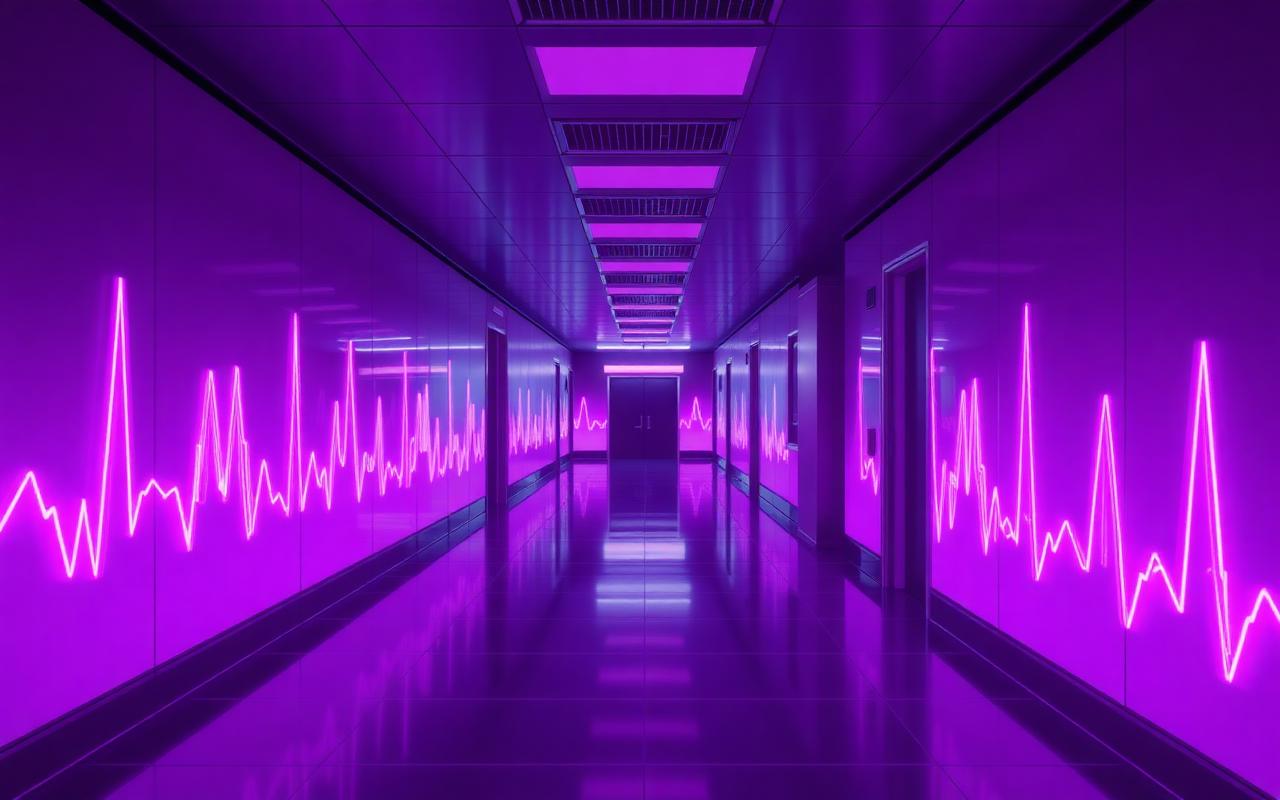 Hospital corridor with medical monitoring waveforms