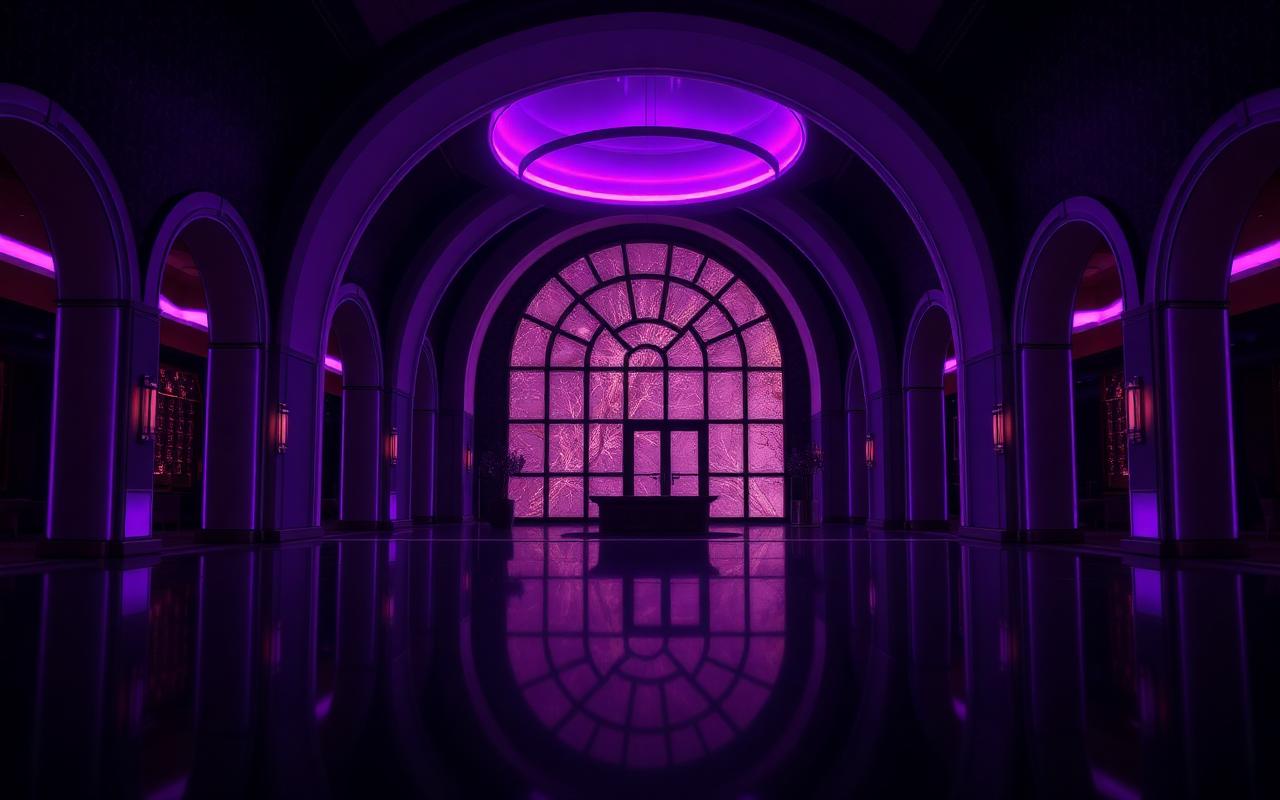 Hotel lobby illuminated at night