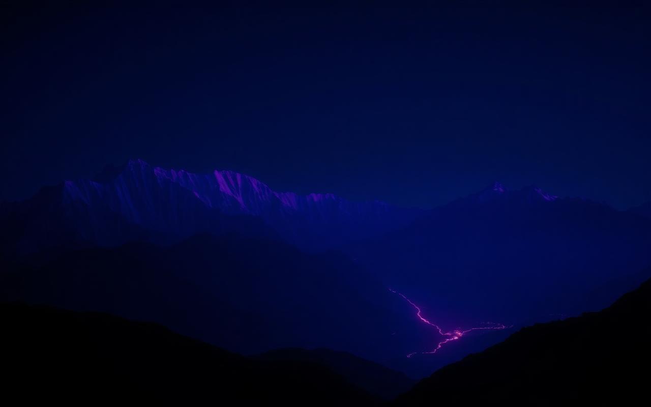 Himalayan mountain ridges at night with a lit trekking route