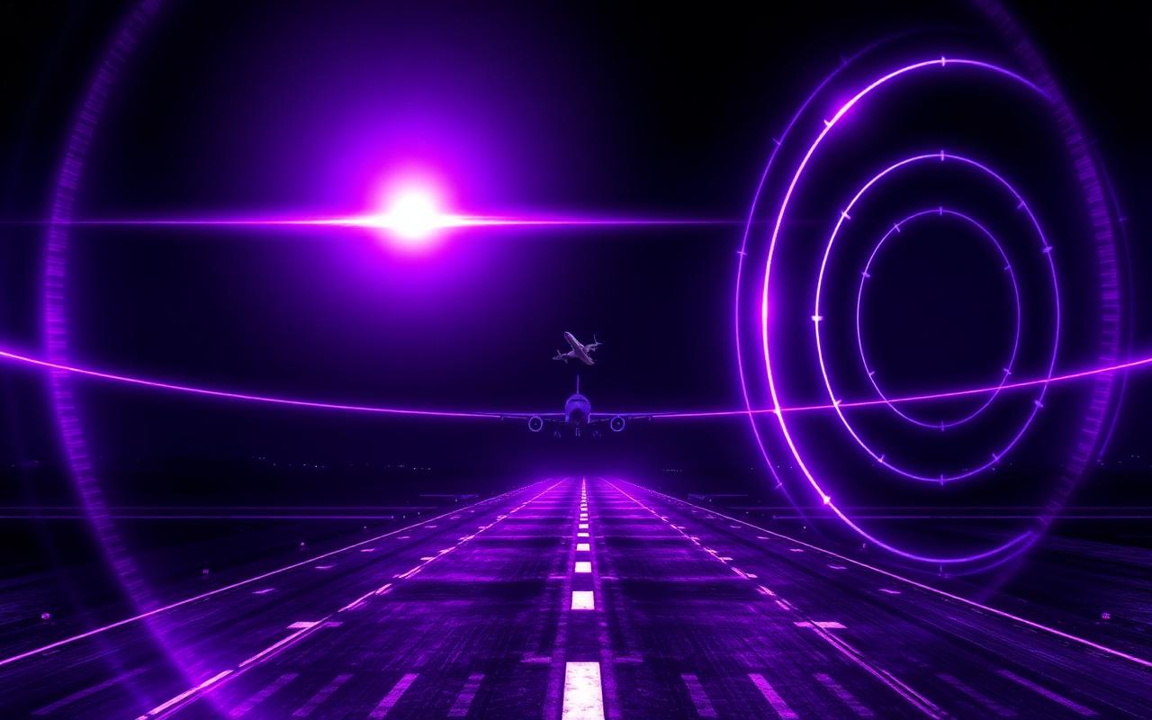 Airport runway with flight path and radar arcs